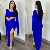 SC Solid Color Long Sleeve Split Pleated Long Dress BY-6772