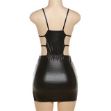 SC PU Leather Sexy Hollow Out Low Cut Slim Dress DLSF-K23D31656