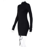 SC Long Sleeve Solid Color Drawstring Midi Dress BLG-D093193A
