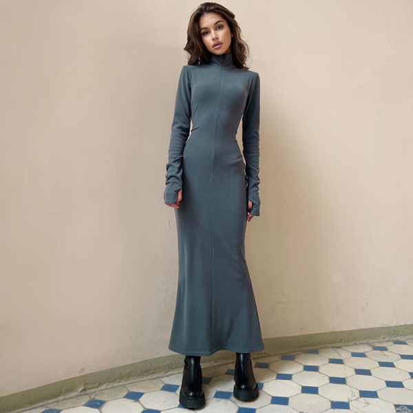 SC Long Sleeve Solid Slim Zipper Maxi Dress BLG-D3A14614A