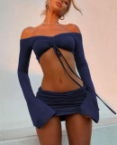 SC Sexy Drawstring Long Sleeve Tops And Skirt 2 Piece Set BLG-S2A10683K