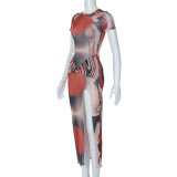 SC Short Sleeve Print Split Irregular Maxi Dress BLG-D3A14423K