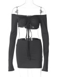 SC Sexy Drawstring Long Sleeve Tops And Skirt 2 Piece Set BLG-S2A10683K