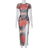 SC Short Sleeve Print Split Irregular Maxi Dress BLG-D3A14423K