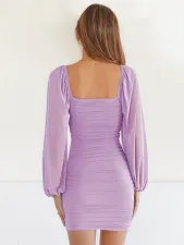 SC Square Neck Flared Sleeve Mesh Pleated Dress ME-8482
