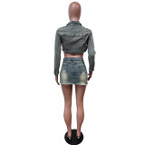 SC Fashion Denim Irregular Tops Two Piece Skirt Set MEM-88547