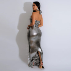 SC Metallic Color Pull Ring Hollow Out Backless Split Nightclub Dress MUE-8038
