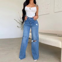 SC High Waist Loose Holes Wide Leg Jeans OM-1729