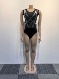 SC Hot Drill Mesh Backless Bodysuit Split Skirt 2 Piece Set NY-2977
