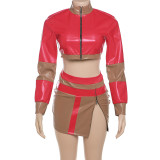 SC Fashion Contrast Color Patchwork Crop Tops Skirts Suit XEF-39997