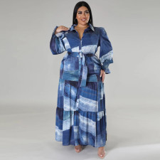 SC Plus Size Print Long Sleeve Lapel Maxi Dress GDAM-218285