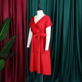 SC V-neck Solid Color Waisted Bow Tie Midi Dress GATE-A2-D3027C