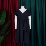 SC V-neck Solid Color Waisted Bow Tie Midi Dress GATE-A2-D3027C