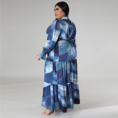 SC Plus Size Print Long Sleeve Lapel Maxi Dress GDAM-218285