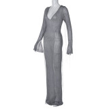SC V Neck Long Sleeve Fishtail Dress BLG-D3A14436A