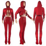 SC Solid Bandage Hooded Pleated Pants Two Piece Set HHF-9068