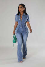 SC Short Sleeve Washed Slim Denim Jumpsuit LX-3567