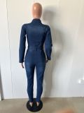 SC Fashion Holes Long Sleeve Washed Denim Jumpsuit LX-3569