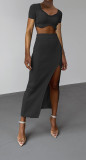 SC Short Sleeve Rib Tops And Split Skirt 2 Piece Set ME-8305