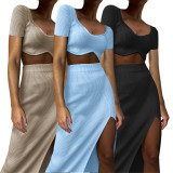 SC Short Sleeve Rib Tops And Split Skirt 2 Piece Set ME-8305