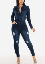 SC Fashion Holes Long Sleeve Washed Denim Jumpsuit LX-3569