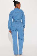 SC Washed Denim Single-breasted Flared Jumpsuit LX-3570