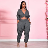 SC Sexy V Neck Cross Top And Pants Solid Two Piece Set SH-390047