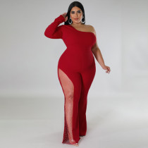 SC Plus Size Hot Drill Mesh Patchwork Single Shoulder Jumpsuit GDAM-218275