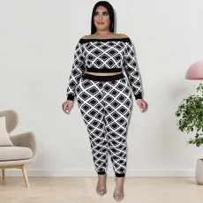 SC Plus Size Print One Shoulder Two Piece Pants Set GDAM-218259