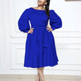 SC Long Sleeve O Neck Tie Solid Color A-Line Dress GATE-1479