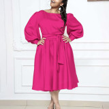 SC Long Sleeve O Neck Tie Solid Color A-Line Dress GATE-1479