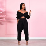 SC Sexy V Neck Cross Top And Pants Solid Two Piece Set SH-390047