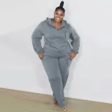 SC Plus Size Solid Color Hooded Sweatshirt Two Piece Pants Set XMF-343