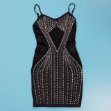 SC Drilling Velvet Splicing Mesh Sling Mini Dress NY-3128