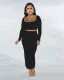 SC Square Neck Solid Long Sleeve Skirt Two Piece Set ME-8280