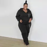 SC Plus Size Solid Color Hooded Sweatshirt Two Piece Pants Set XMF-343