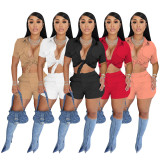 SC Short Sleeve Tie Up And Short Solid 2 Piece Set FOSF-8381