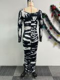 SC Print Long Sleeve Split Bodycon Dress NY-3136