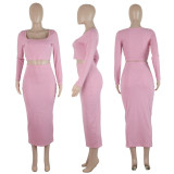 SC Square Neck Solid Long Sleeve Skirt Two Piece Set ME-8280