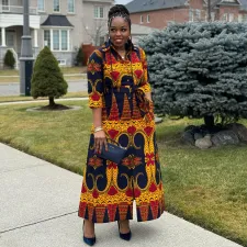 SC Fashion Print Lapel Tie Up Maxi Dress NY-10701
