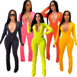 SC Solid Color V Neck Pleated Tight Jumpsuit BMF-H001