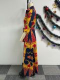 SC Fashion Print Lapel Tie Up Maxi Dress NY-10701
