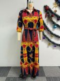 SC Fashion Print Lapel Tie Up Maxi Dress NY-10701