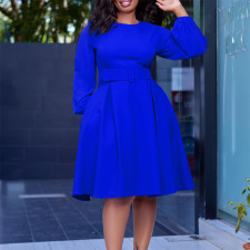 SC Long Sleeve O Neck Big Swing Midi Dress (With Waist Belt) GATE-D418