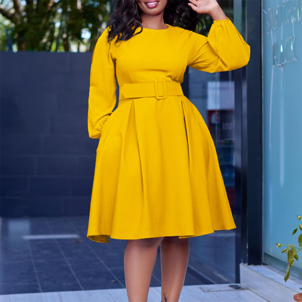 SC Long Sleeve O Neck Big Swing Midi Dress (With Waist Belt) GATE-D418