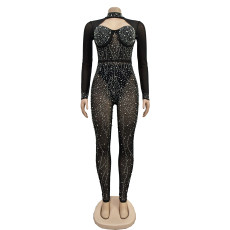 SC Solid Color Mesh Hot Drill Long Sleeve Jumpsuit BY-6788
