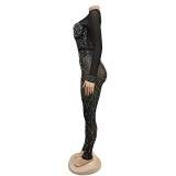 SC Solid Color Mesh Hot Drill Long Sleeve Jumpsuit BY-6788