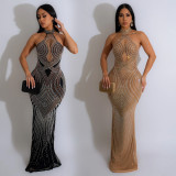 SC Hot Drill Mesh Halter Backless Maxi Dress BY-6811