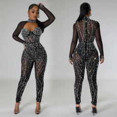 SC Solid Color Mesh Hot Drill Long Sleeve Jumpsuit BY-6788
