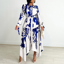 SC Print Lapel Irregular Maxi Dress(With Waist Belt) GMLF-D3264